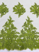 Corded Floral 3D Fabric - Olive Green - Embroidered Floral Design on Lace Mesh Fabric by Yard