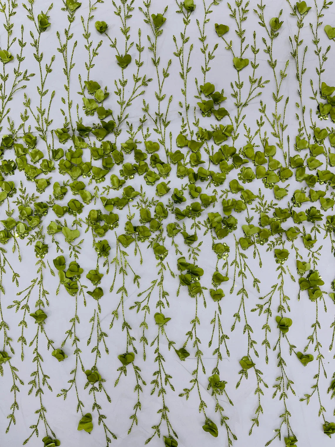 3D Flower Glitter Fabric - Olive Green - Flower Design on Glitter Mesh Fabric Sold By Yard