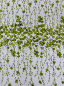 3D Flower Glitter Fabric - Olive Green - Flower Design on Glitter Mesh Fabric Sold By Yard