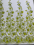 3D Flower Glitter Fabric - Olive Green - Floral Glitter Sequin Design on Lace Mesh Fabric by Yard