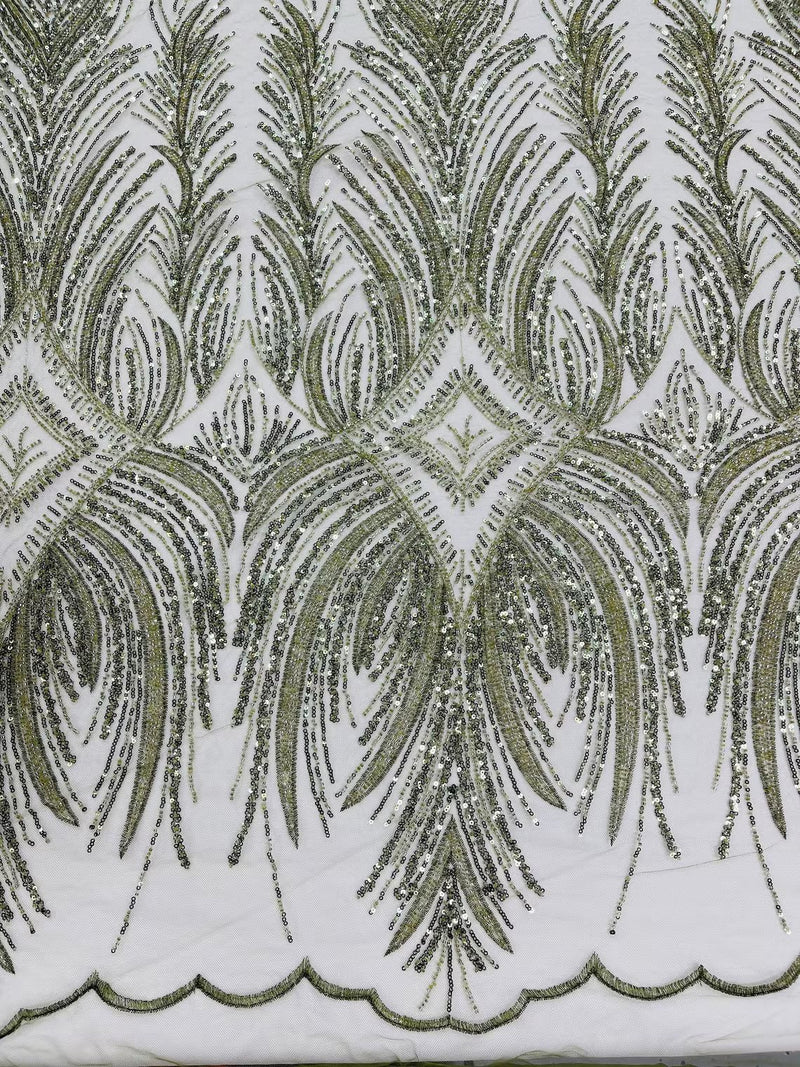 Beaded Lines Fabric - Olive Green - Luxury Beads and Sequins Line Design Fabric By Yard