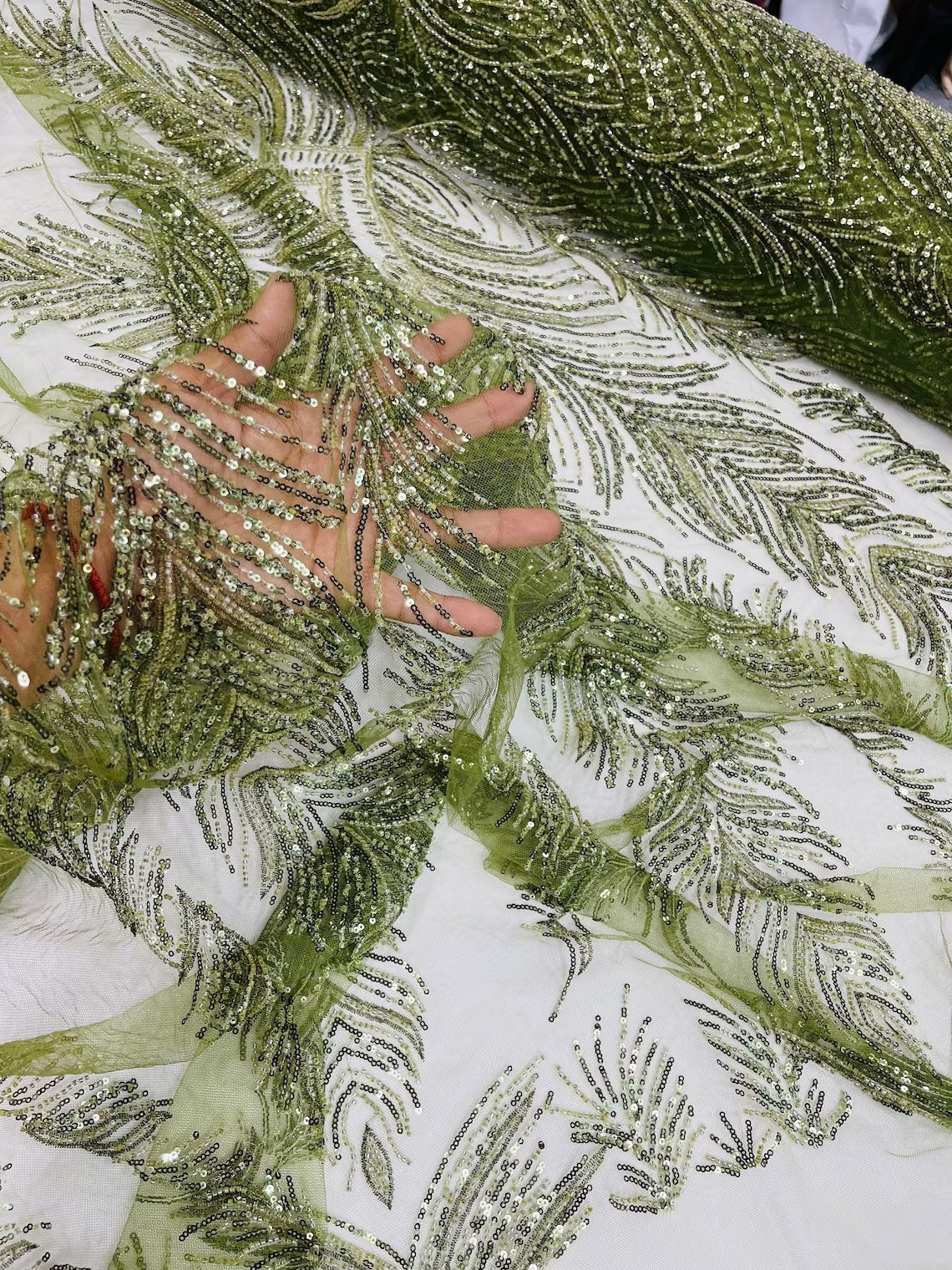 Beaded Lines Fabric - Olive Green - Luxury Beads and Sequins Line Design Fabric By Yard