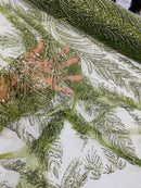 Beaded Lines Fabric - Olive Green - Luxury Beads and Sequins Line Design Fabric By Yard