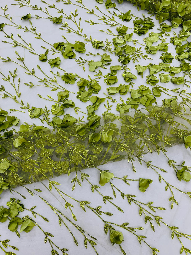 3D Flower Glitter Fabric - Olive Green - Flower Design on Glitter Mesh Fabric Sold By Yard