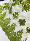 Corded Floral 3D Fabric - Olive Green - Embroidered Floral Design on Lace Mesh Fabric by Yard