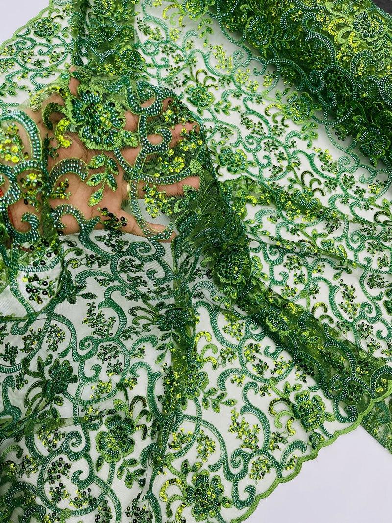 Embroidery Floral Bead Fabric - Olive Green - Bridal Embroidery Beaded Floral  Fabric Sold by Yard