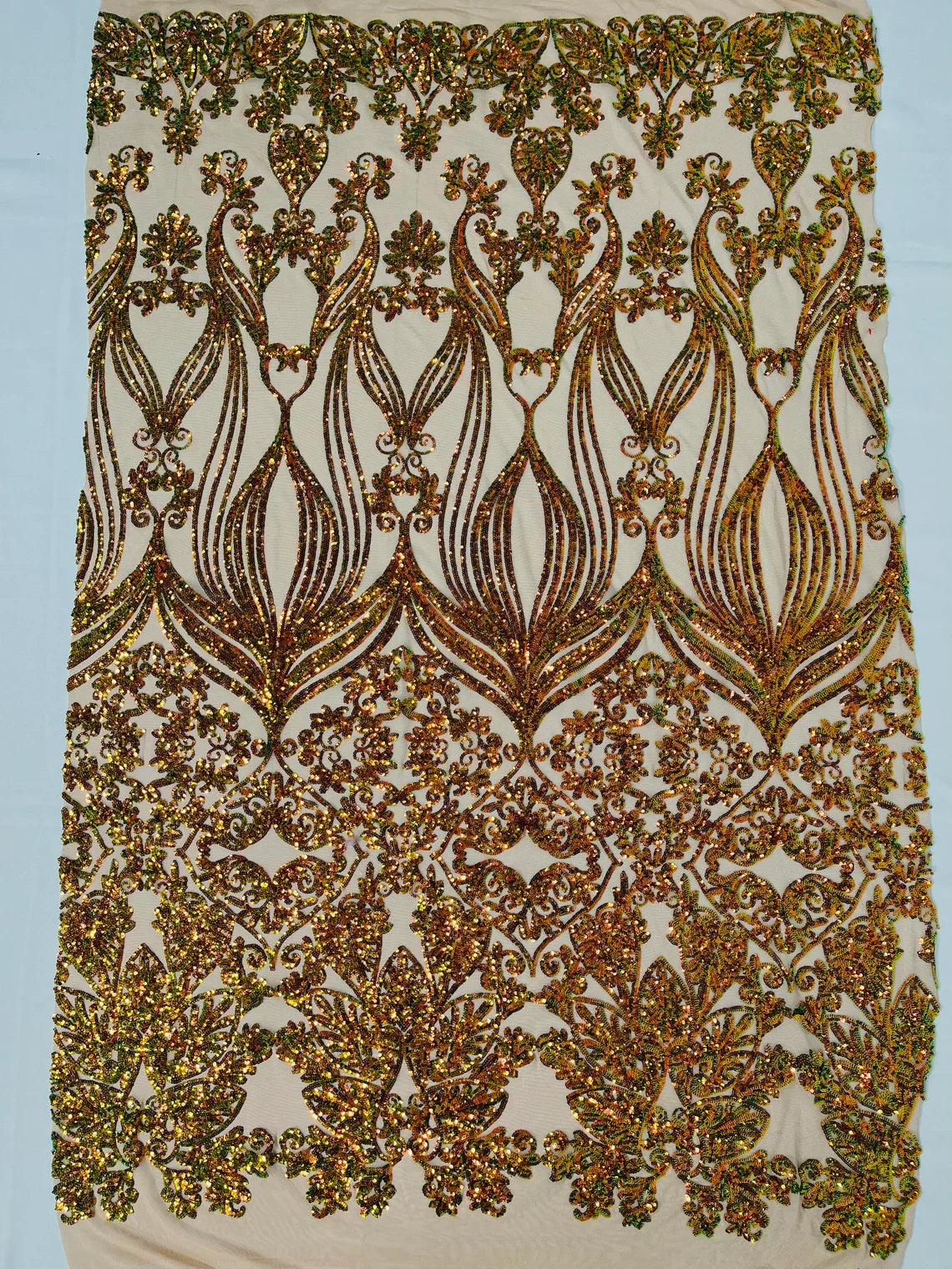 Damask Heart Design - Olive Green Iridescent - Damask with Heart Design Sequins on Mesh By Yard