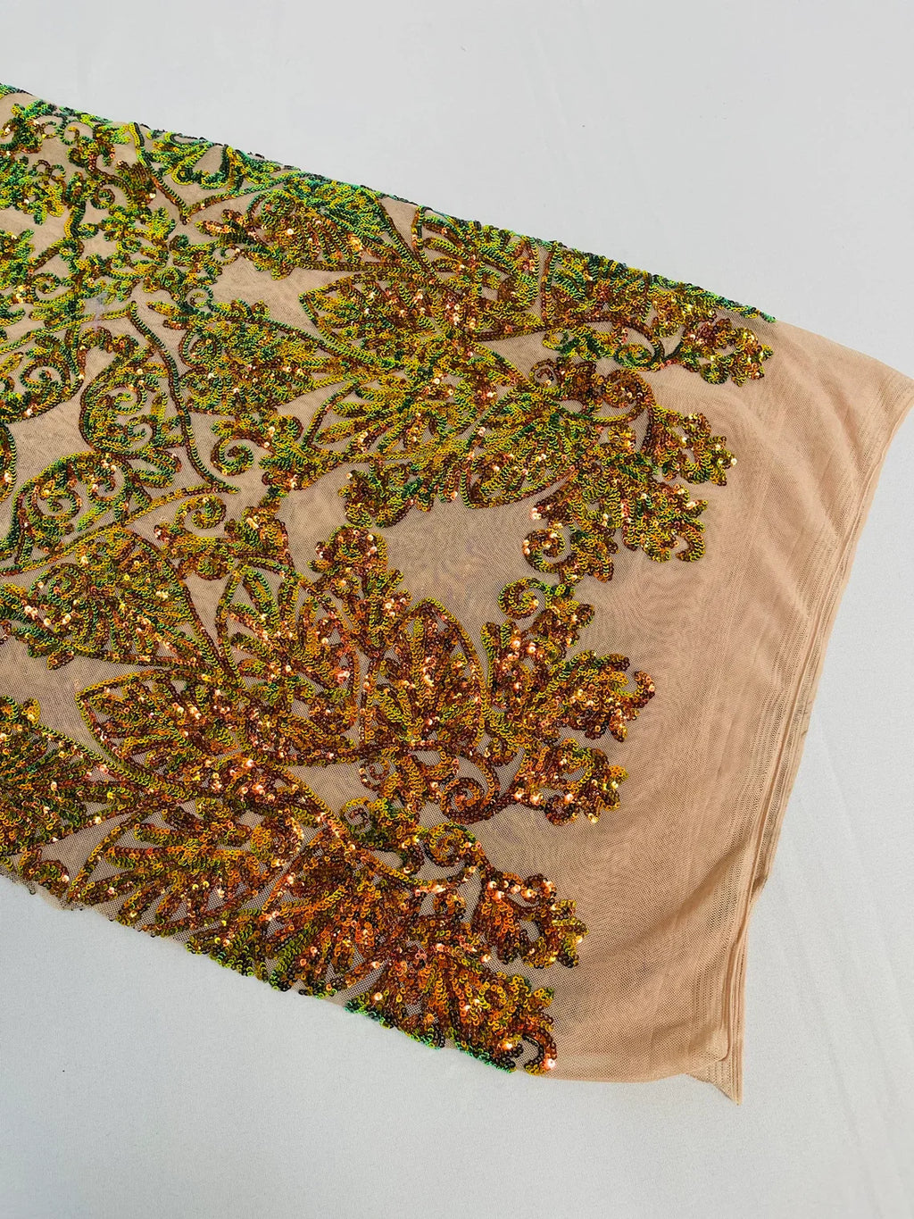 Damask Heart Design - Olive Green Iridescent - Damask with Heart Design Sequins on Mesh By Yard