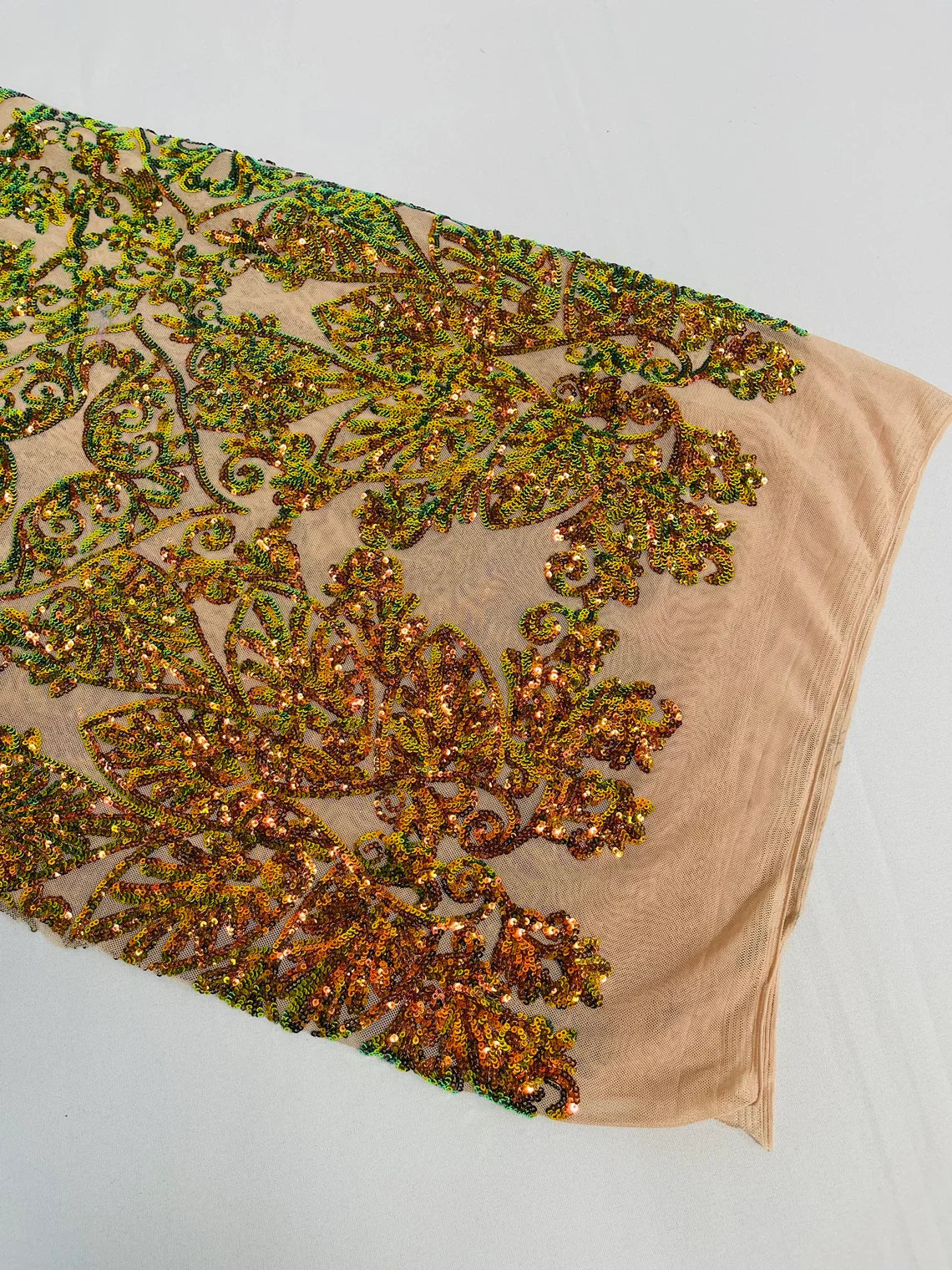 Damask Heart Design - Olive Green Iridescent - Damask with Heart Design Sequins on Mesh By Yard