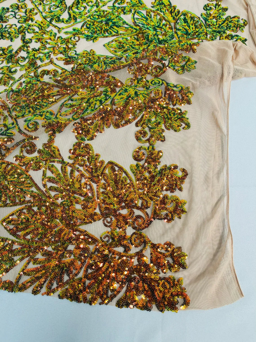 Damask Heart Design - Olive Green Iridescent - Damask with Heart Design Sequins on Mesh By Yard