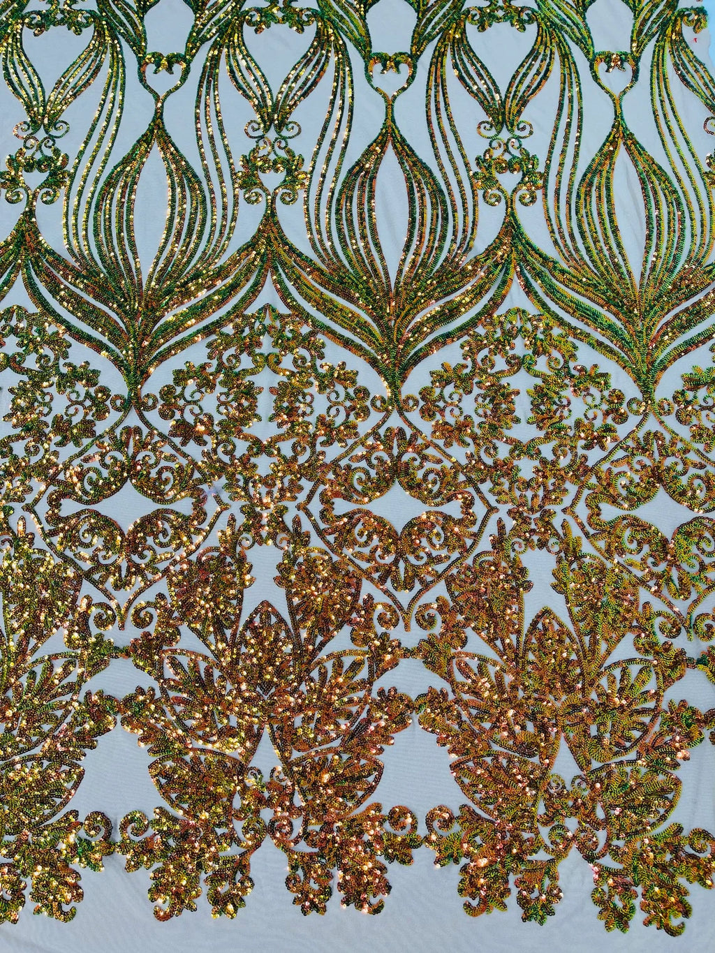 Damask Heart Design - Olive Green Iridescent - Damask with Heart Design Sequins on Mesh By Yard