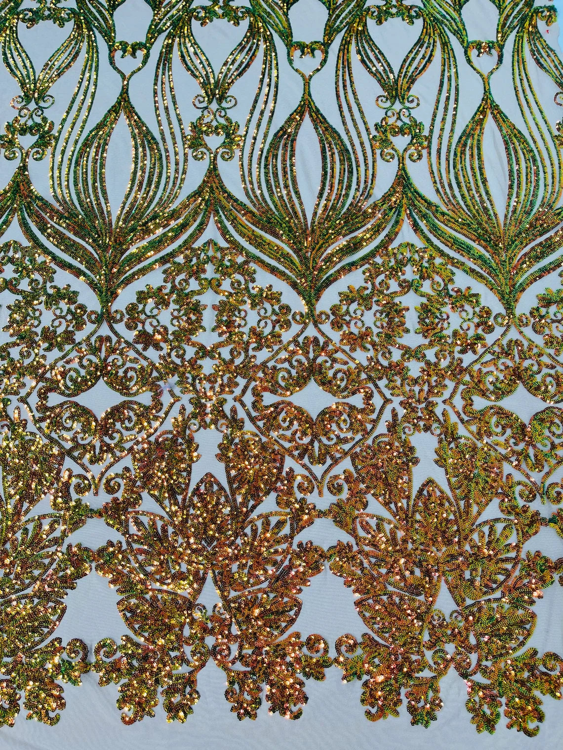 Damask Heart Design - Olive Green Iridescent - Damask with Heart Design Sequins on Mesh By Yard