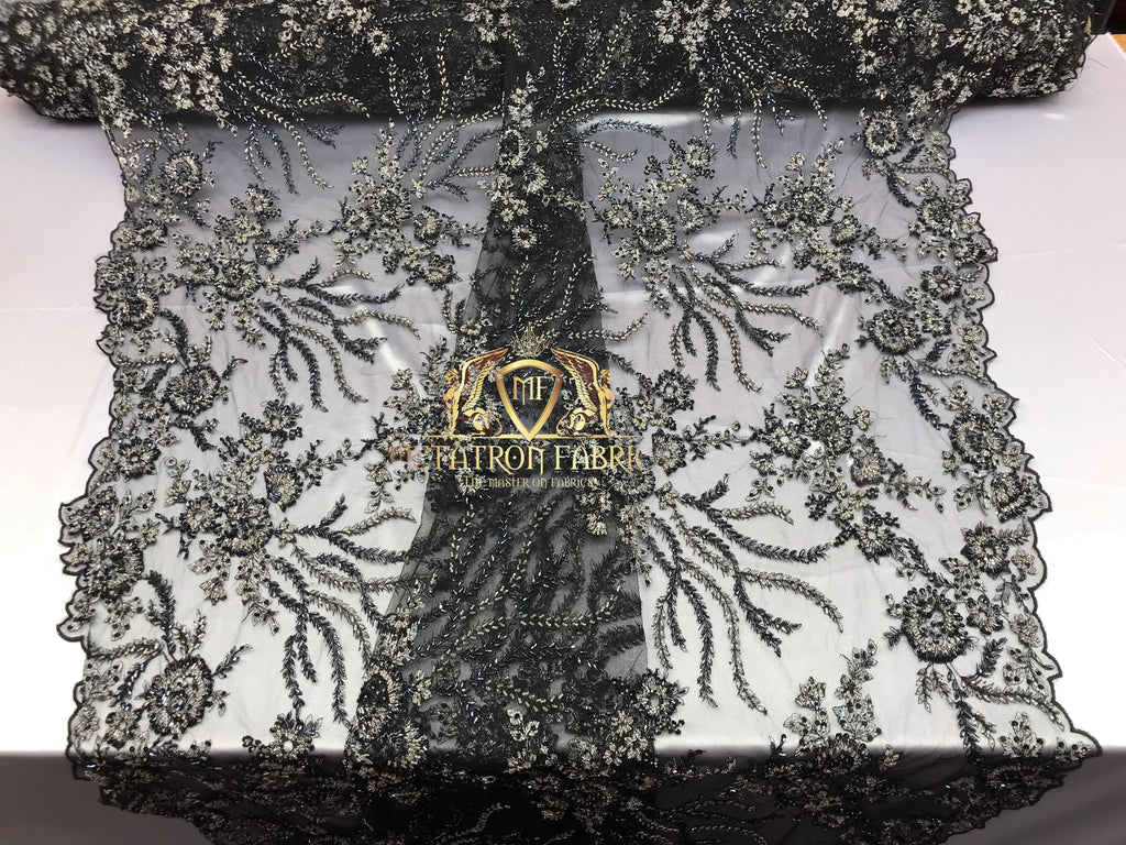Beaded - Black - Fancy Flower Design Sequins Fabric with Beads Sold By The Yard