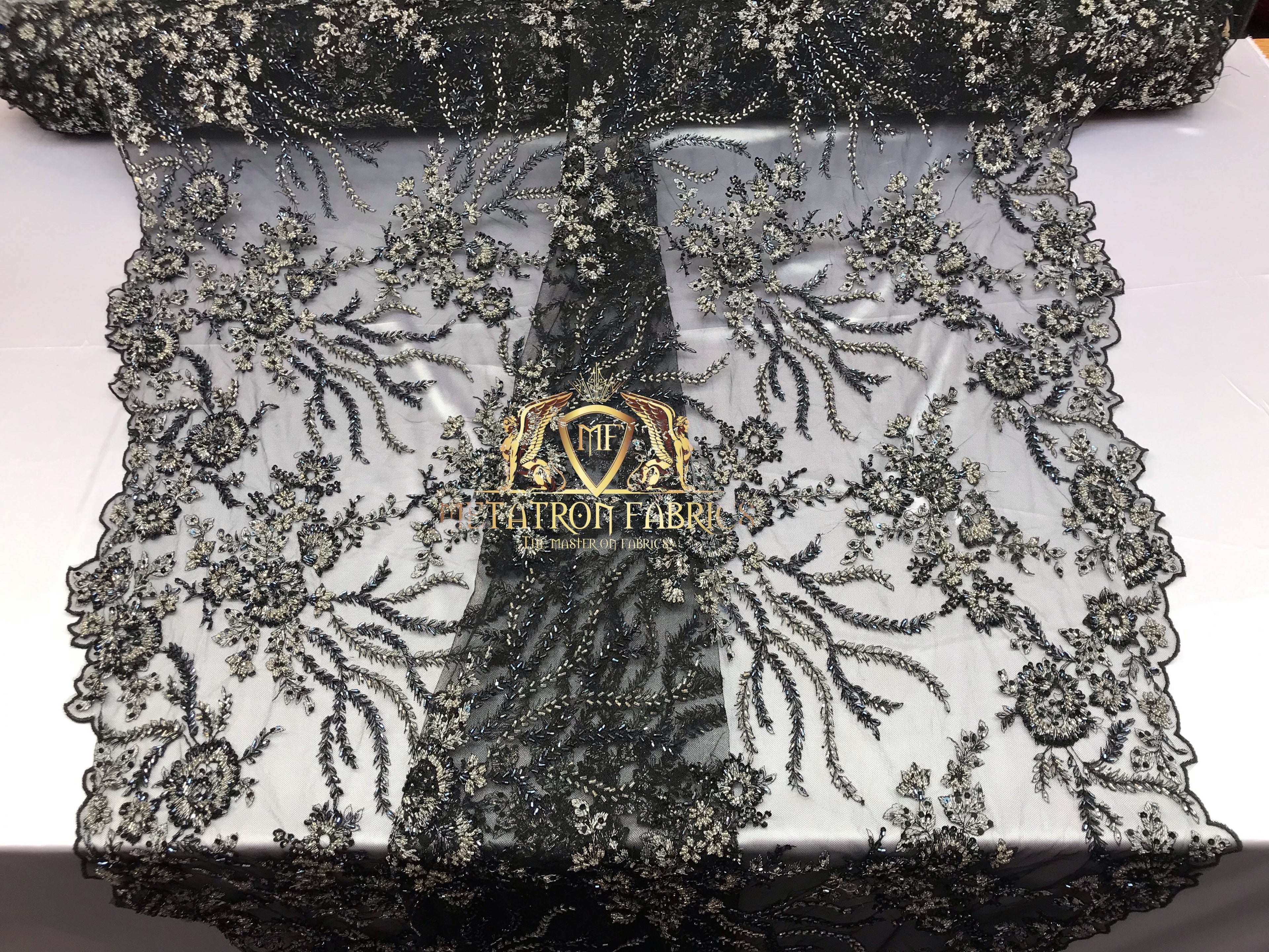 Beaded - Black - Fancy Flower Design Sequins Fabric with Beads Sold By The Yard