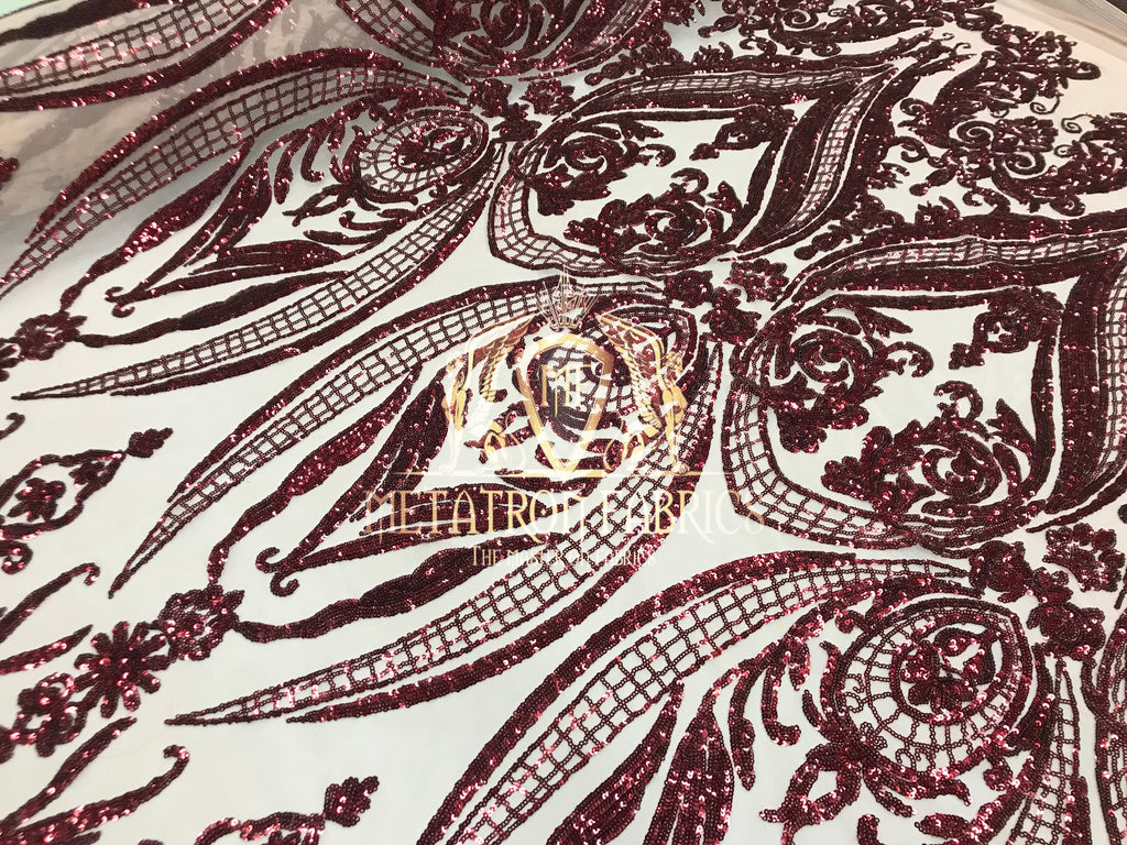 Big Damask Sequins Fabric - Burgundy - 4 Way Stretch Damask Sequins Design Fabric By Yard