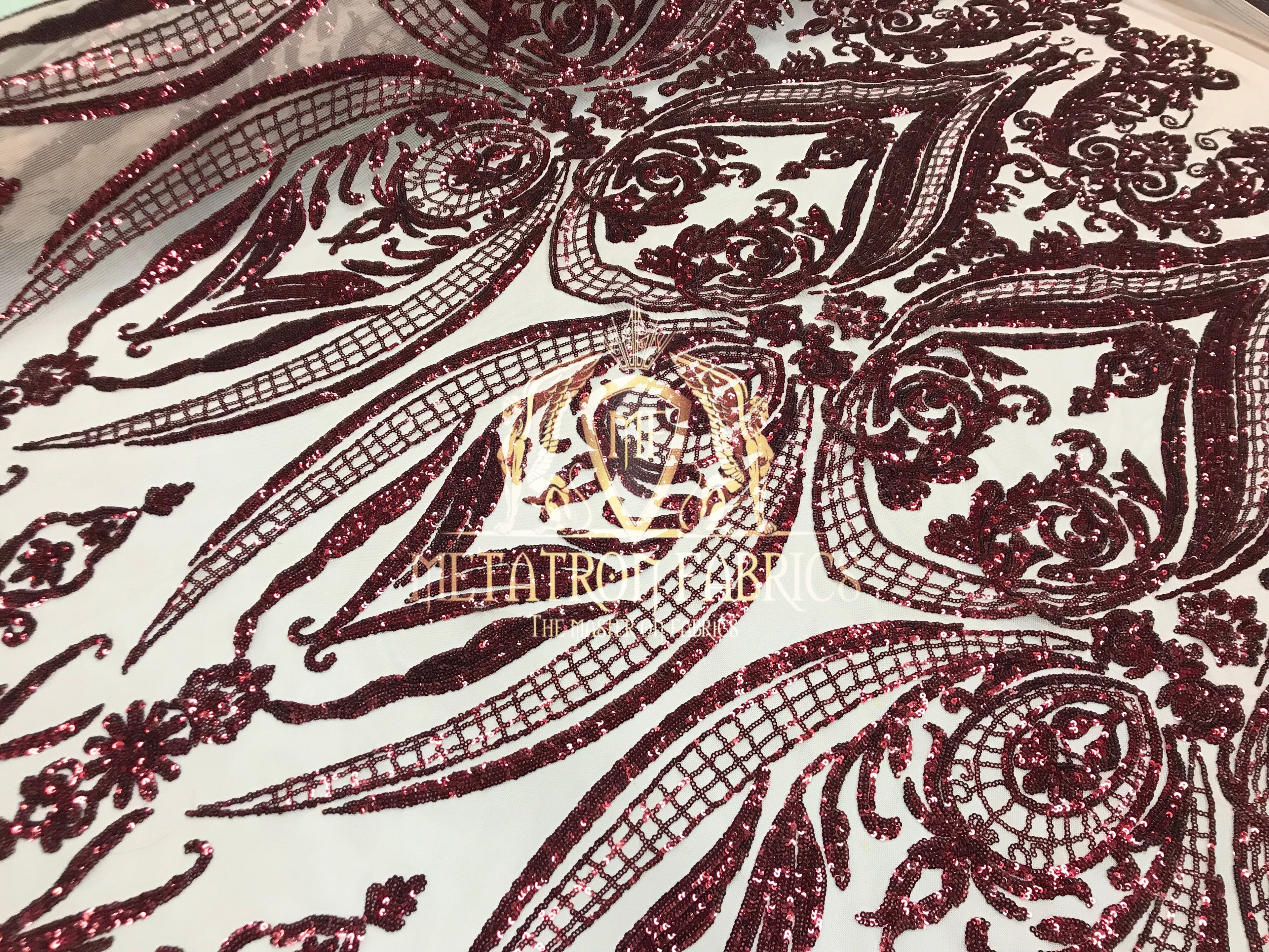 Big Damask Sequins Fabric - Burgundy - 4 Way Stretch Damask Sequins Design Fabric By Yard