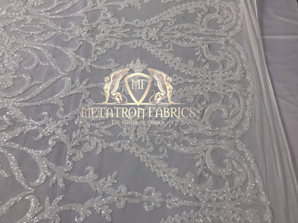 4 Way Stretch - White - Sequins Damask Design Fabric Embroidered On Mesh Sold By The Yard