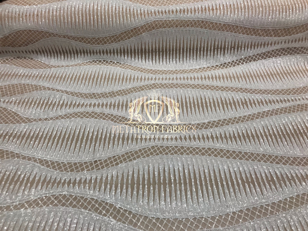 4 Way Stretch - White on Nude Mesh - Horizontal Line Design Sequins On Stretch Mesh By The Yard