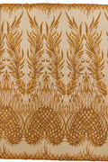 Heart & Feather Pattern Fabric - Orange - Embroidered Elegant Design with Beads Mesh Fabric Sold By Yard