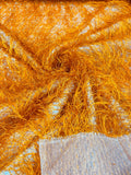 Metallic Eyelash Fabric - Orange - Feather/Eyelash/Fringe Design on Mesh By Yard