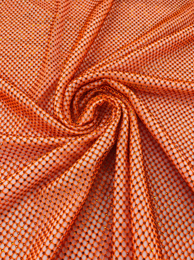 Fish Net Spandex Rhinestone Fabric - Orange - Solid Spandex Fish Net Design Fabric with Rhinestones by Yard