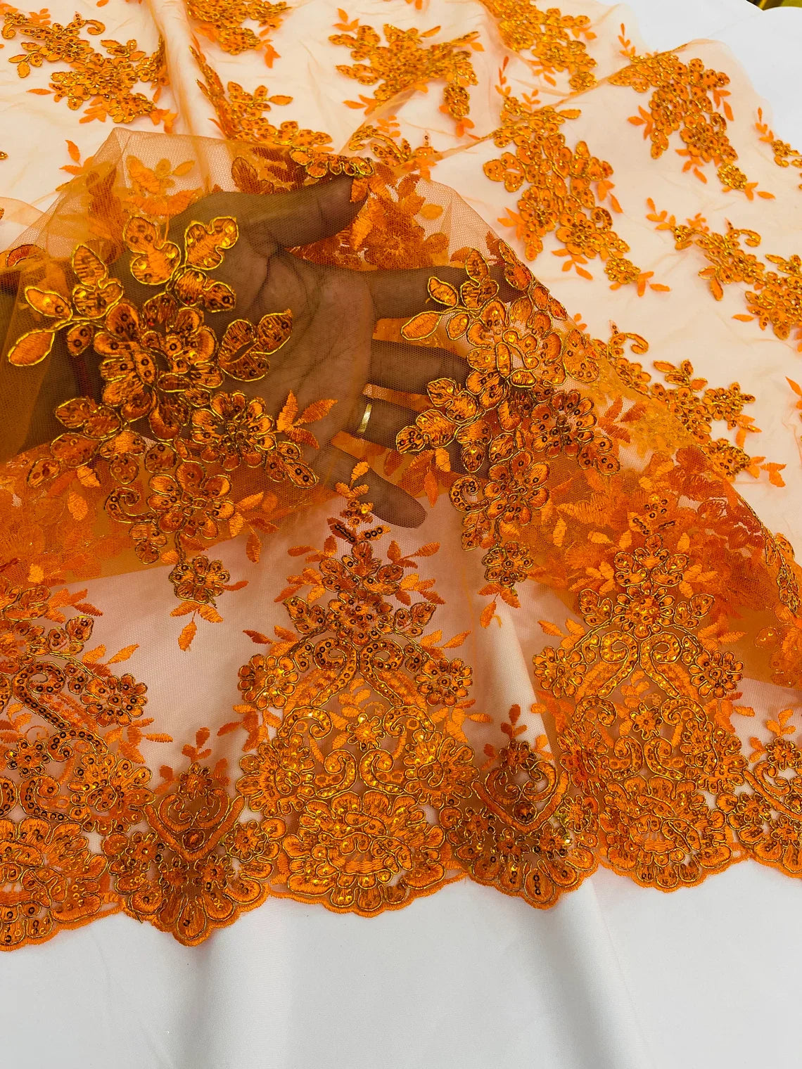 Floral Lace Fabric - Orange - Metallic Floral Design on Lace Mesh Fabric By Yard