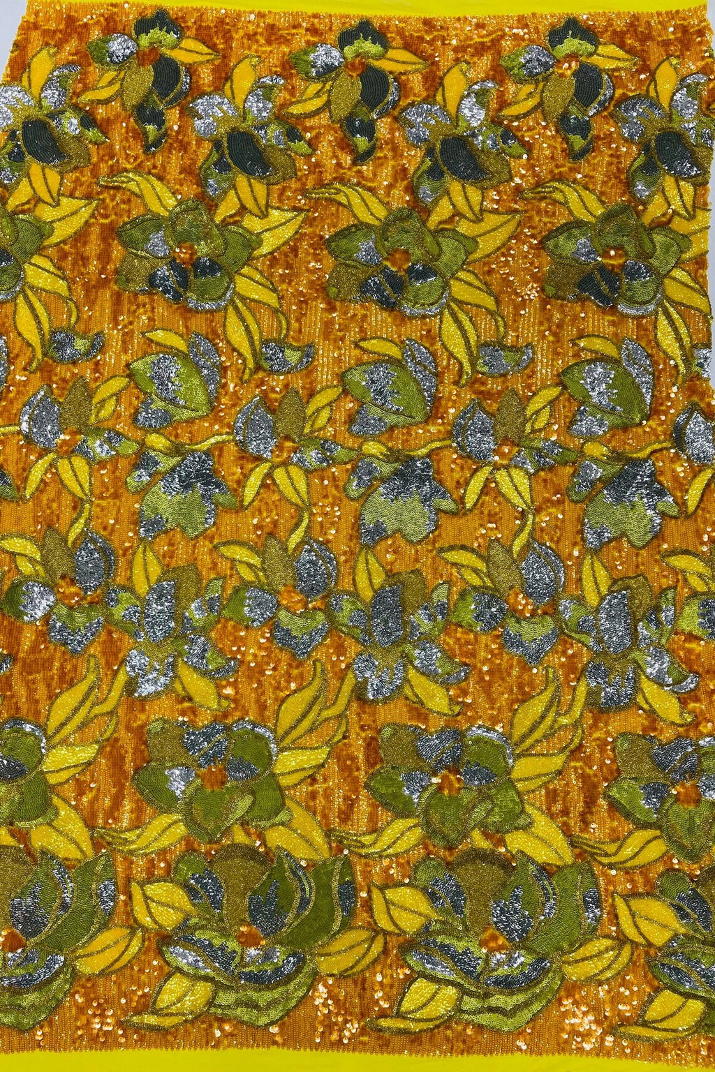 Orchid Design Sequins - Orange - 4 Way Stretch Full Sequins Floral Design Mesh Fabric By Yard