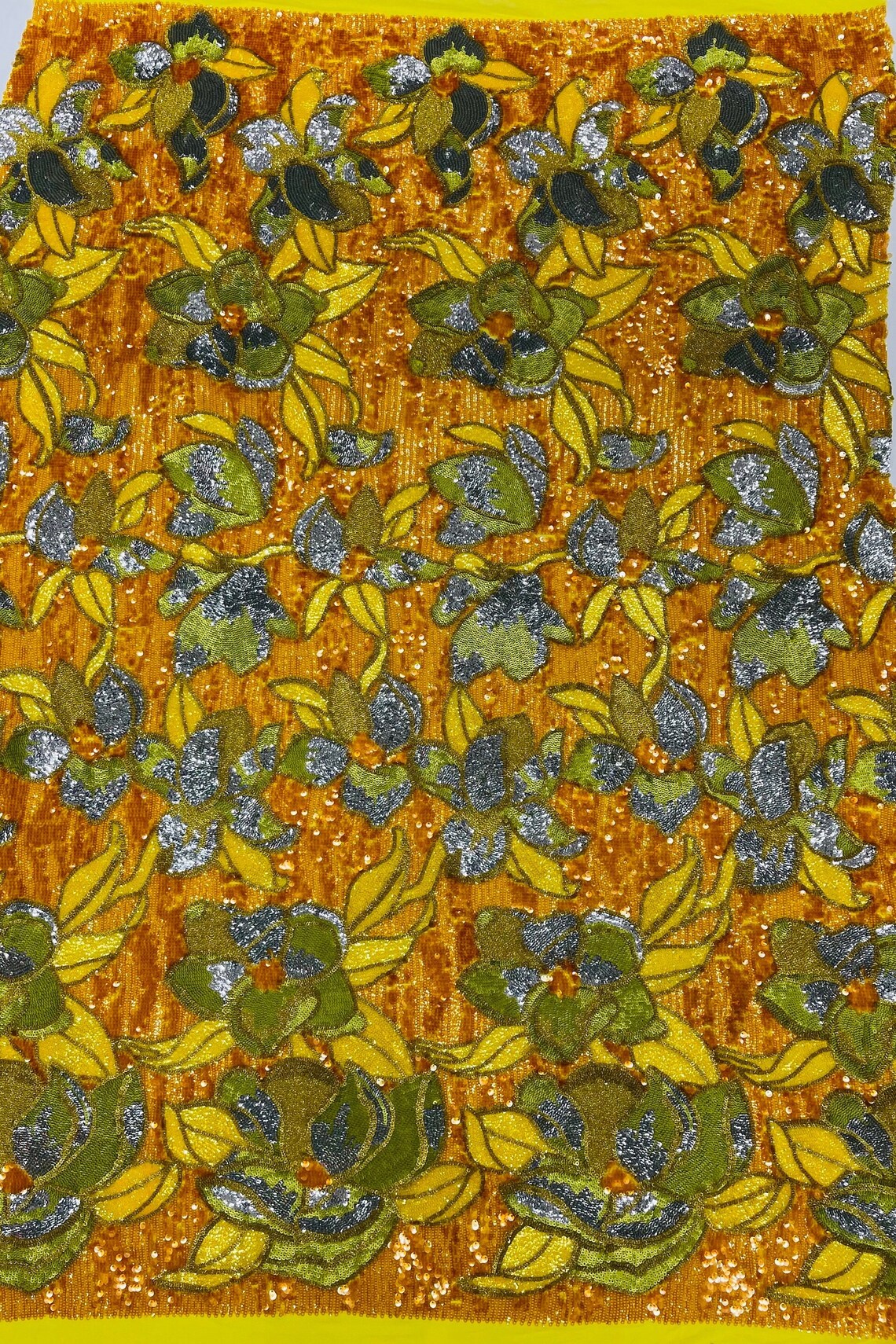 Orchid Design Sequins - Orange - 4 Way Stretch Full Sequins Floral Design Mesh Fabric By Yard
