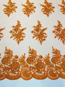 Floral Lace Flower Fabric - Orange - Floral Embroidered Fabric with Sequins on Lace By Yard