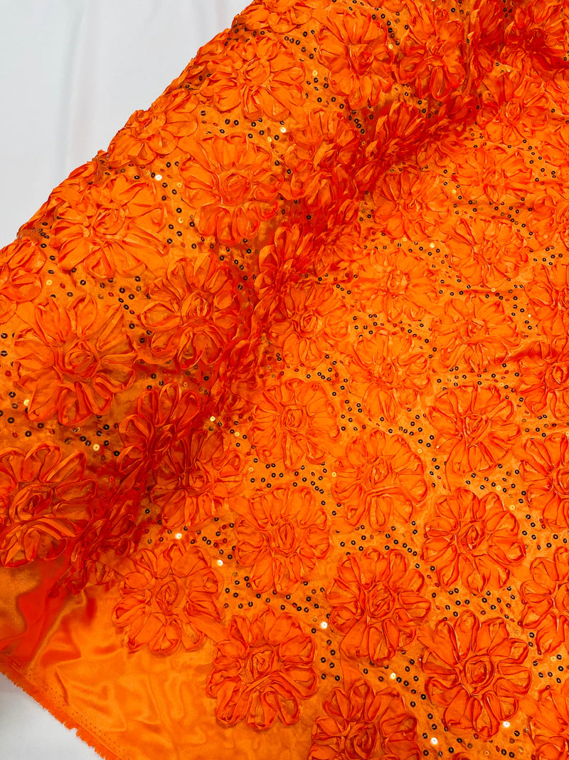 Satin Rosette Sequins Fabric - Orange - 3D Rosette Satin Rose Fabric with Sequins By Yard