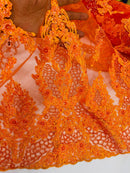 Heavy Bead Floral Fabric - Orange - Beaded Flower Design Fabric Fancy Border By Yard