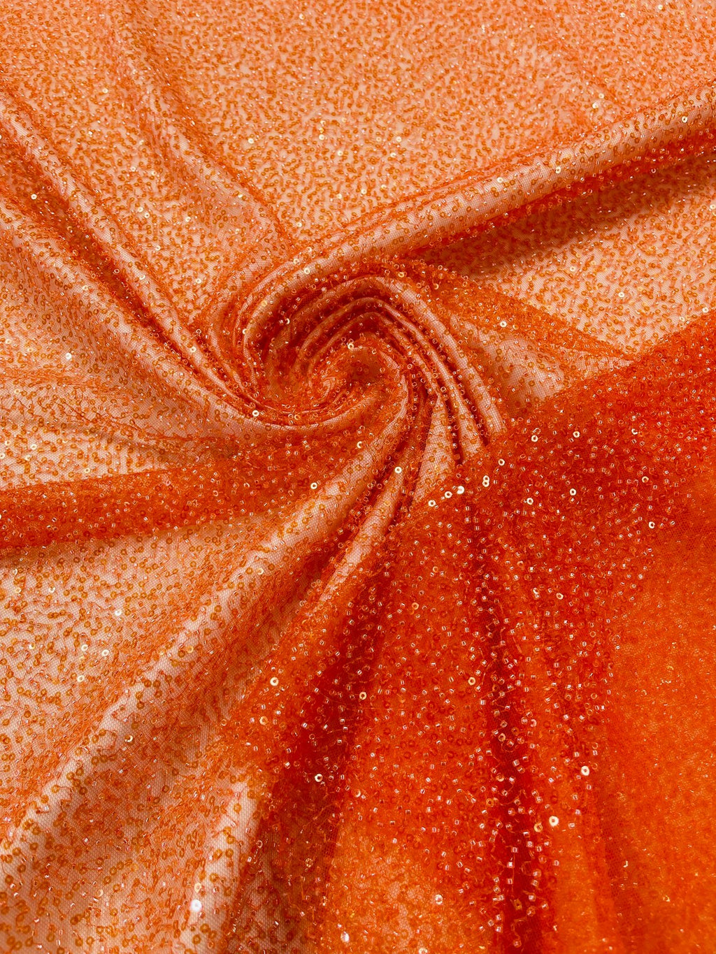 3D Beaded Lace Fabric - Orange - Heavy Embroidery Handmade Lace, Beaded Fabric By Yard
