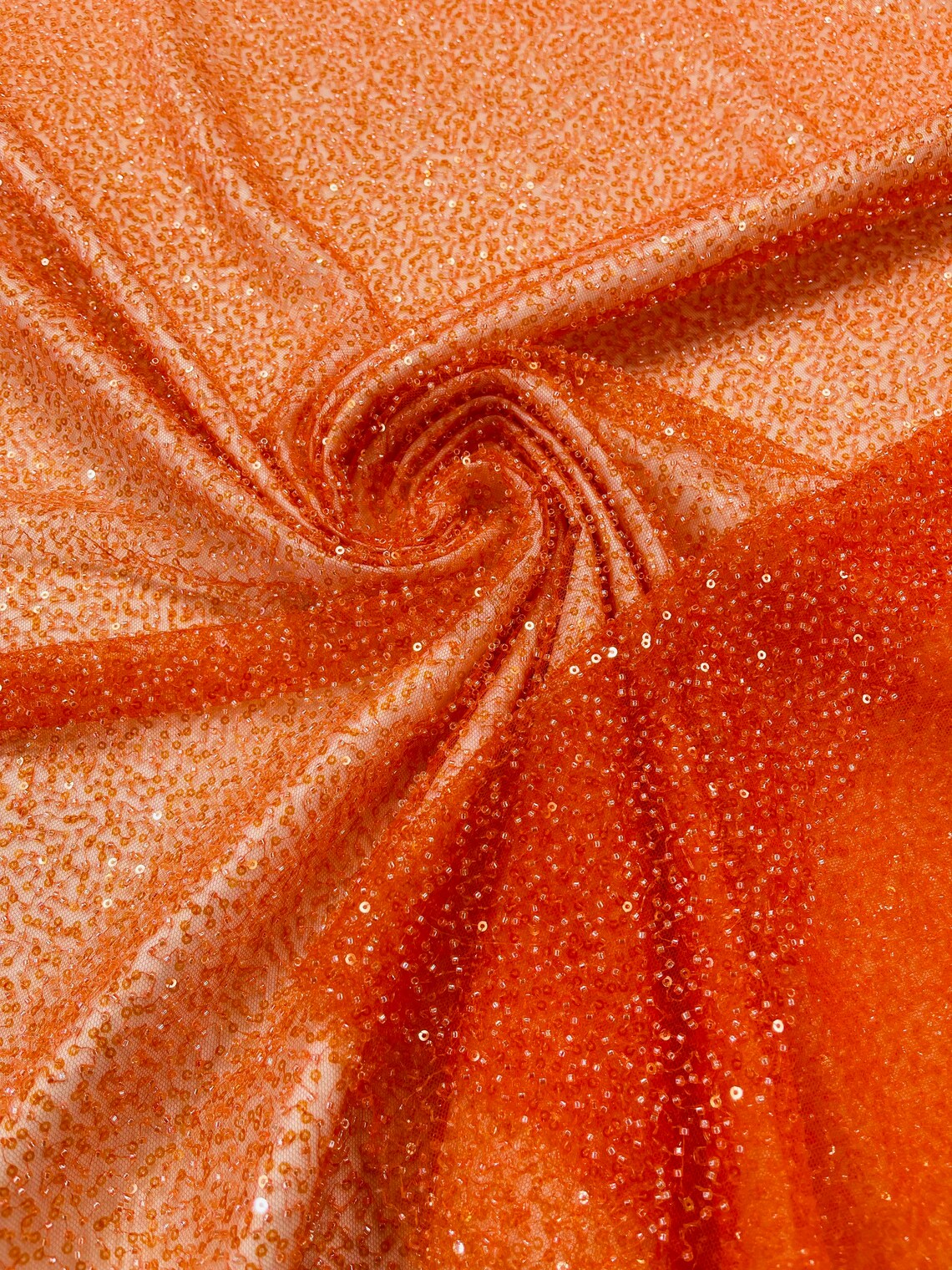 3D Beaded Lace Fabric - Orange - Heavy Embroidery Handmade Lace, Beaded Fabric By Yard