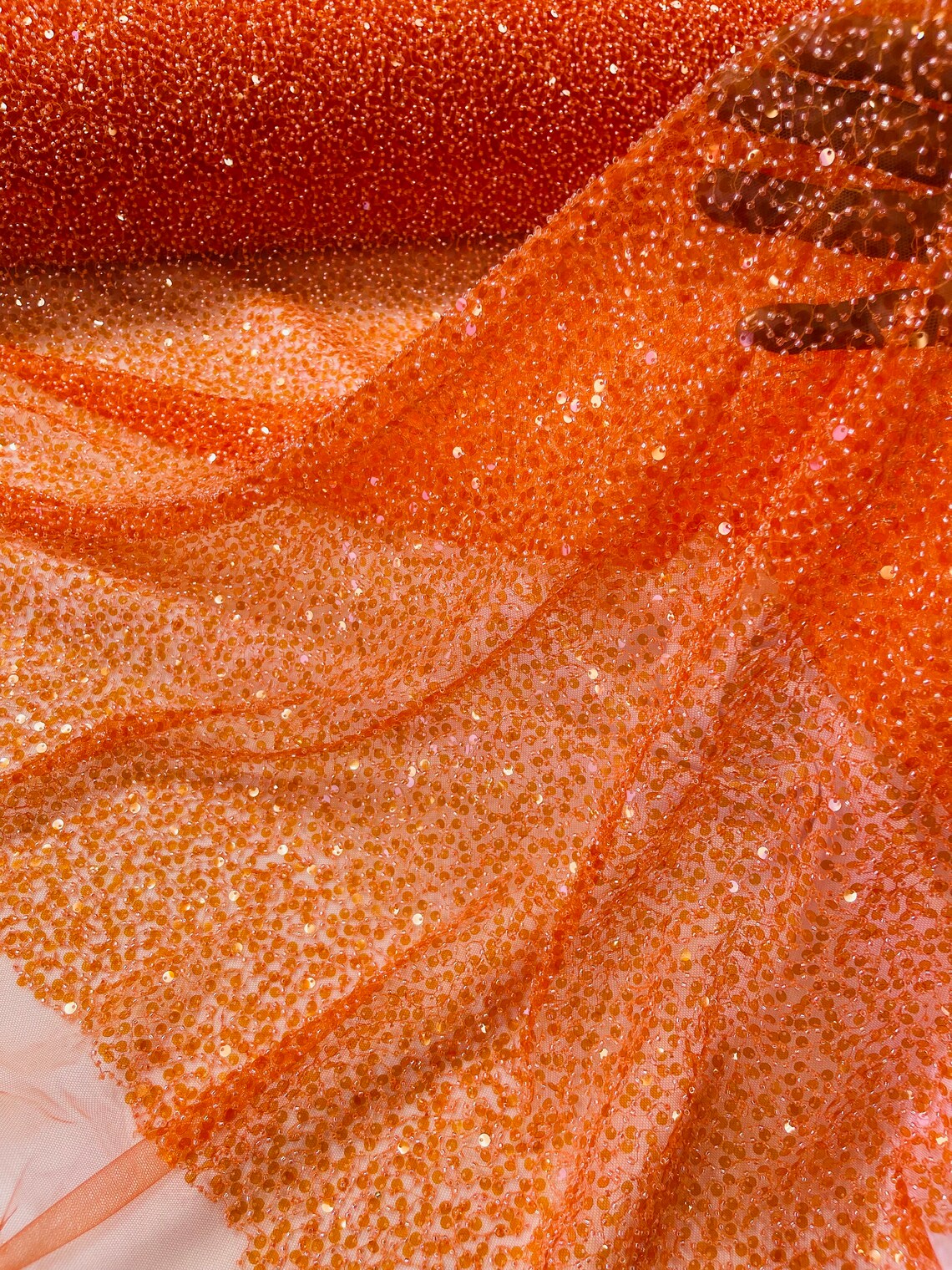 2 1/2 Pearl Sequins Bead Fabric - Orange - Small Beads and Sequins Embroidered on Lace