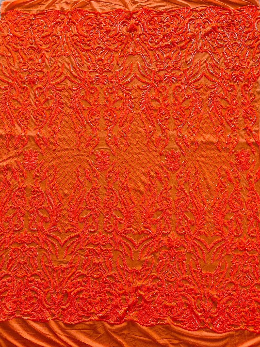 4 Way Stretch Fabric - Neon Orange - Sequins Design on Spandex Mesh Fashion Fabric