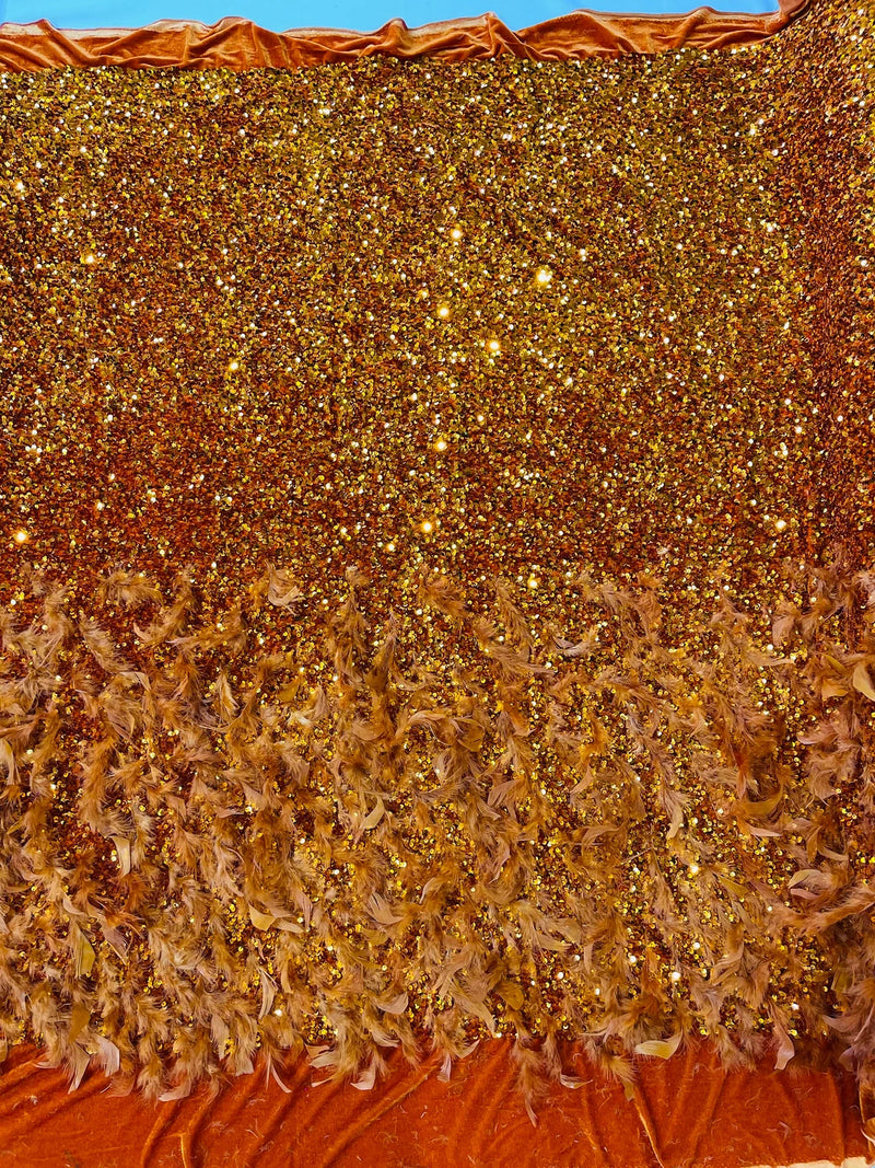 Feather Sequin Velvet Fabric - Orange - 5mm Sequins Velvet 2 Way Stretch 58/60" Fabric By Yard