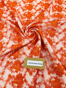Embroidered Flower Fabric - Orange - Floral Design Scalloped Border Fabric By Yard