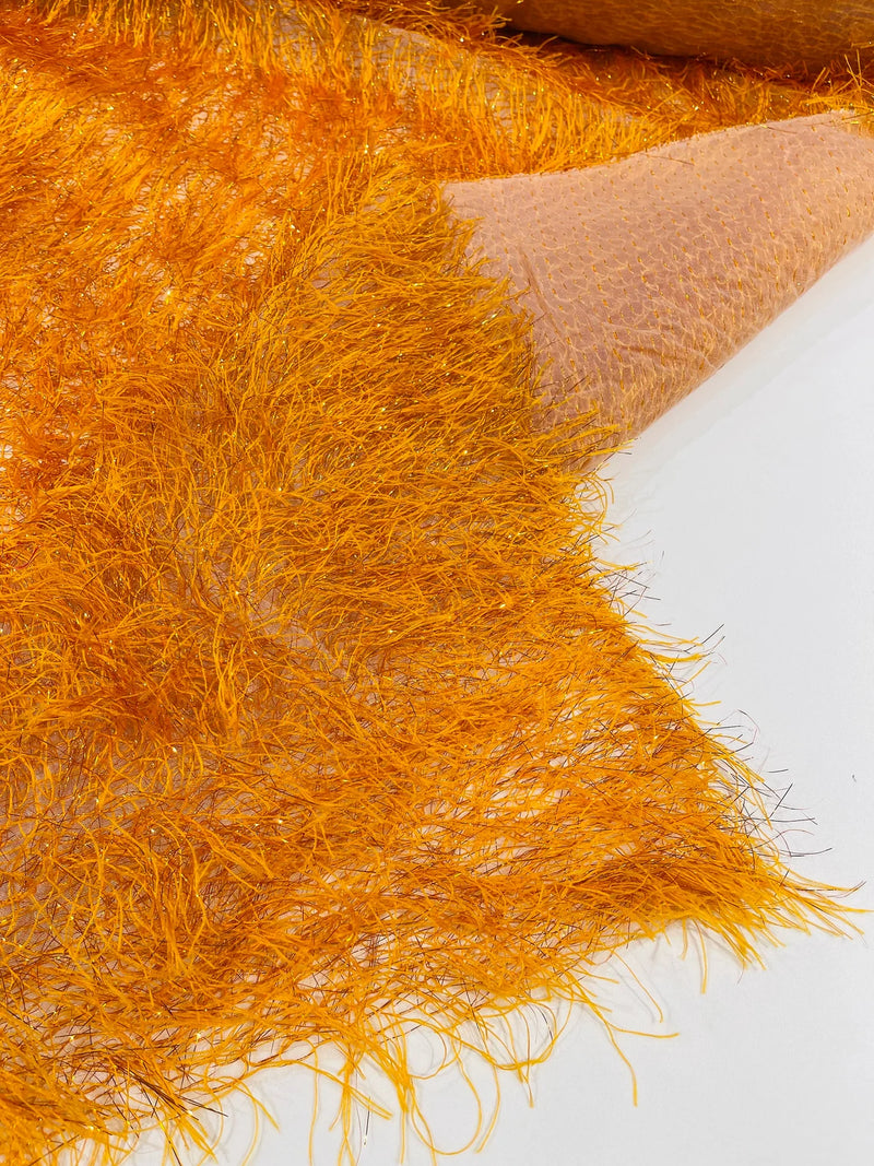 Metallic Eyelash Fabric - Orange - Feather/Eyelash/Fringe Design on Mesh By Yard