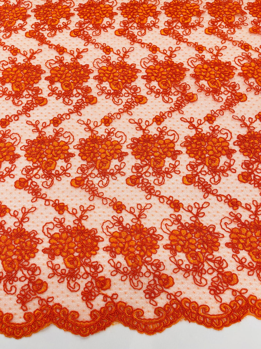 Embroidered Flower Fabric - Orange - Floral Design Scalloped Border Fabric By Yard