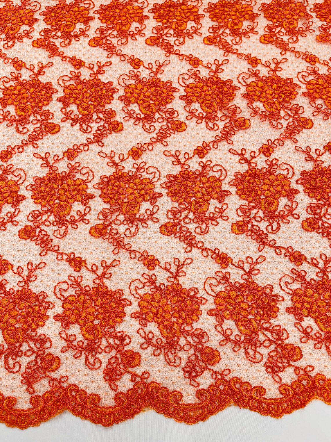 Embroidered Flower Fabric - Orange - Floral Design Scalloped Border Fabric By Yard