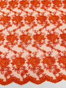 Embroidered Flower Fabric - Orange - Floral Design Scalloped Border Fabric By Yard
