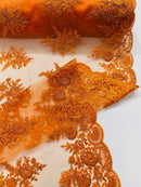 Floral Lace Flower Fabric - Orange - Floral Embroidered Fabric with Sequins on Lace By Yard