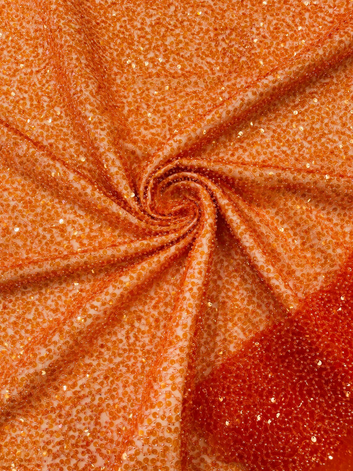 2 1/2 Pearl Sequins Bead Fabric - Orange - Small Beads and Sequins Embroidered on Lace