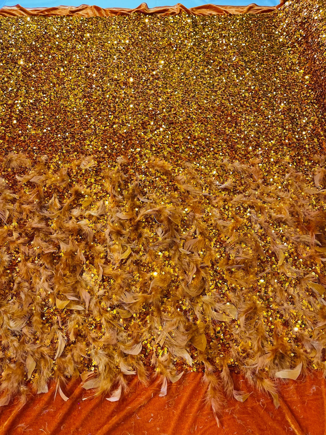 Feather Sequin Velvet Fabric - Orange - 5mm Sequins Velvet 2 Way Stretch 58/60" Fabric By Yard
