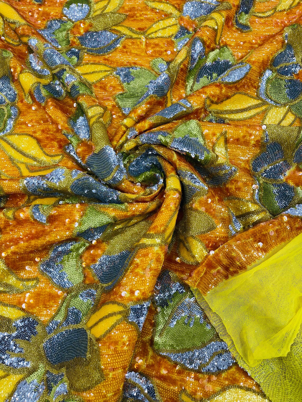 Orchid Design Sequins - Orange - 4 Way Stretch Full Sequins Floral Design Mesh Fabric By Yard