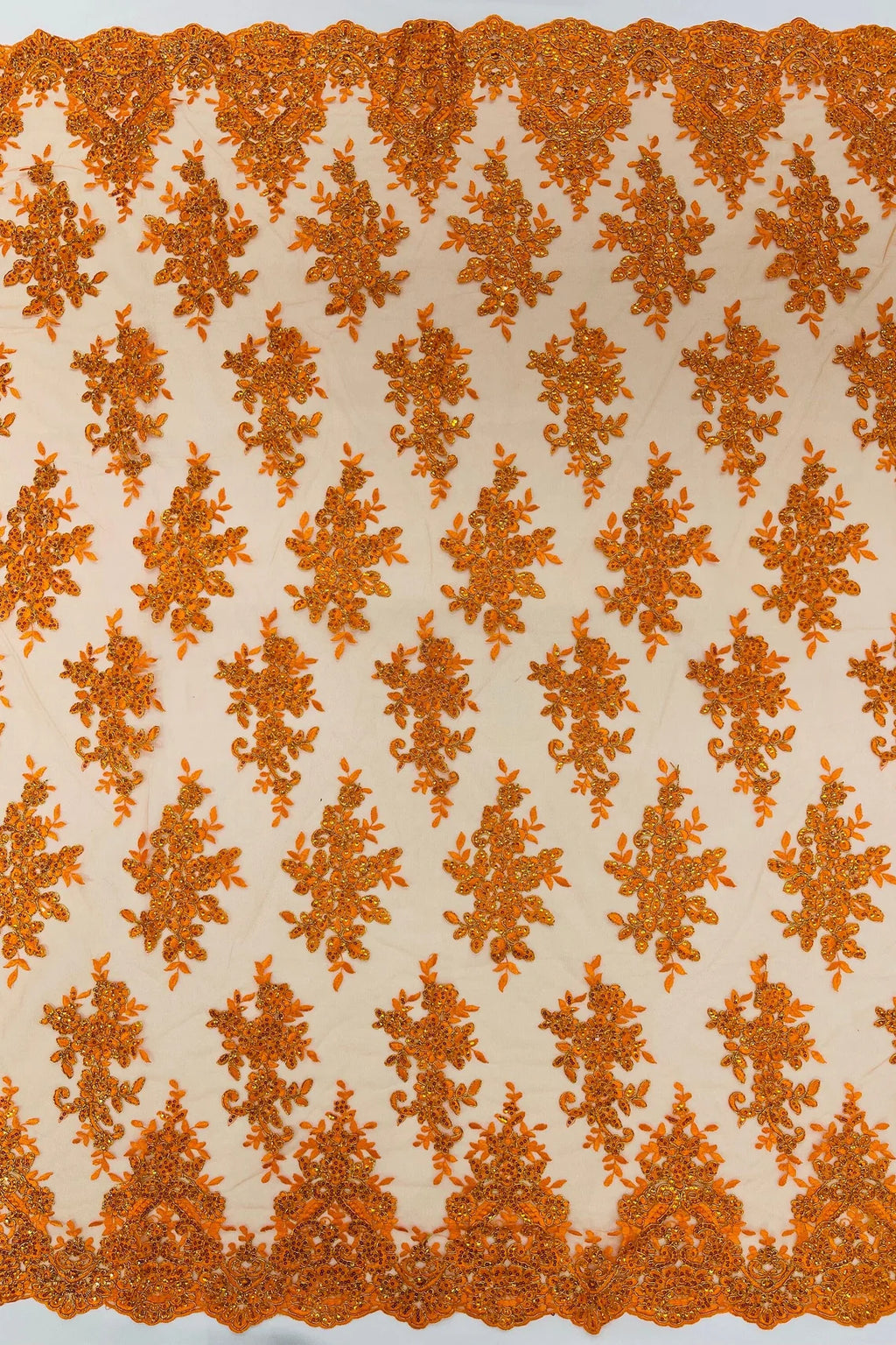 Floral Lace Fabric - Orange - Metallic Floral Design on Lace Mesh Fabric By Yard