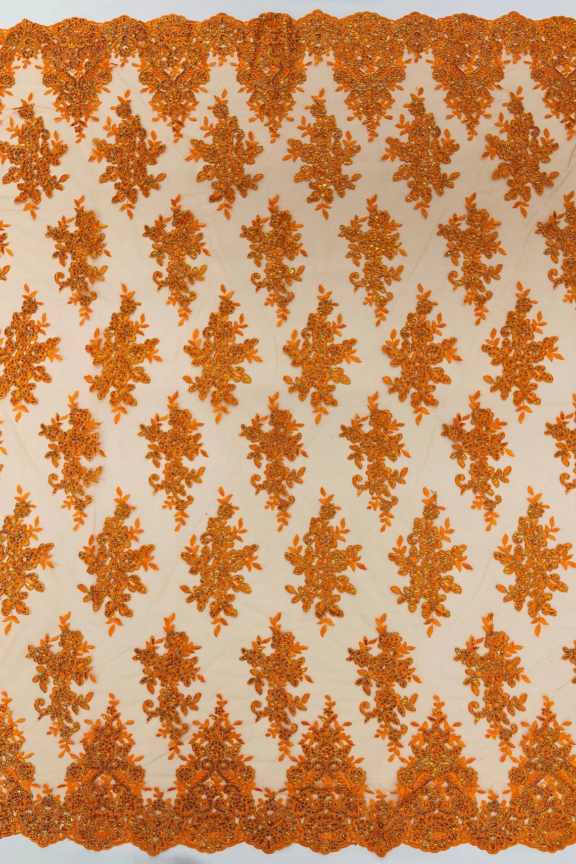 Floral Lace Fabric - Orange - Metallic Floral Design on Lace Mesh Fabric By Yard