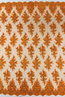 Floral Lace Fabric - Orange - Metallic Floral Design on Lace Mesh Fabric By Yard