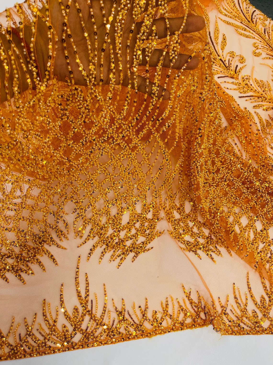 Heart & Feather Pattern Fabric - Orange - Embroidered Elegant Design with Beads Mesh Fabric Sold By Yard