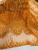 Heart & Feather Pattern Fabric - Orange - Embroidered Elegant Design with Beads Mesh Fabric Sold By Yard